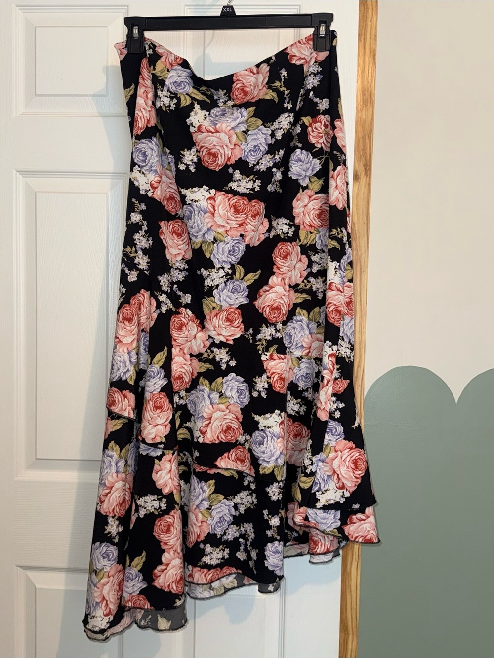 Black Floral Midi Skirt with Pink & Lavender Roses